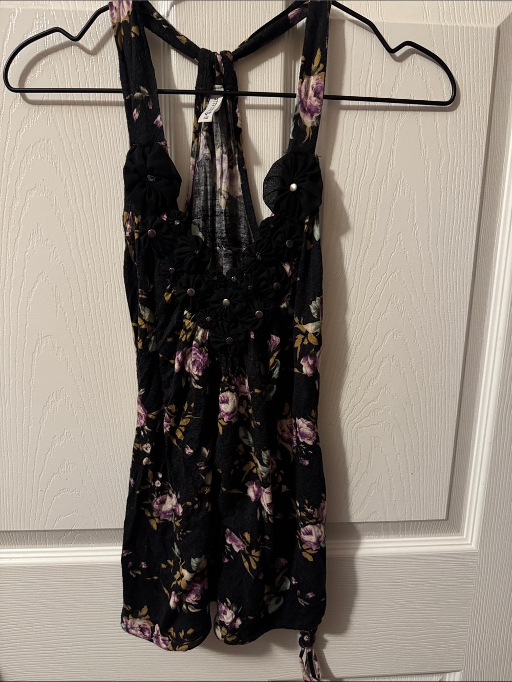 Tilly’s Black Floral Halter Tank Top with Purple Roses